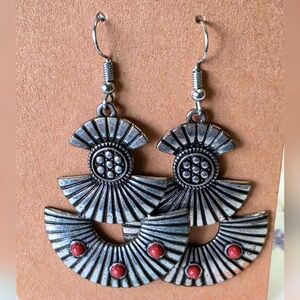 Silver Color and Red Geometric Earrings